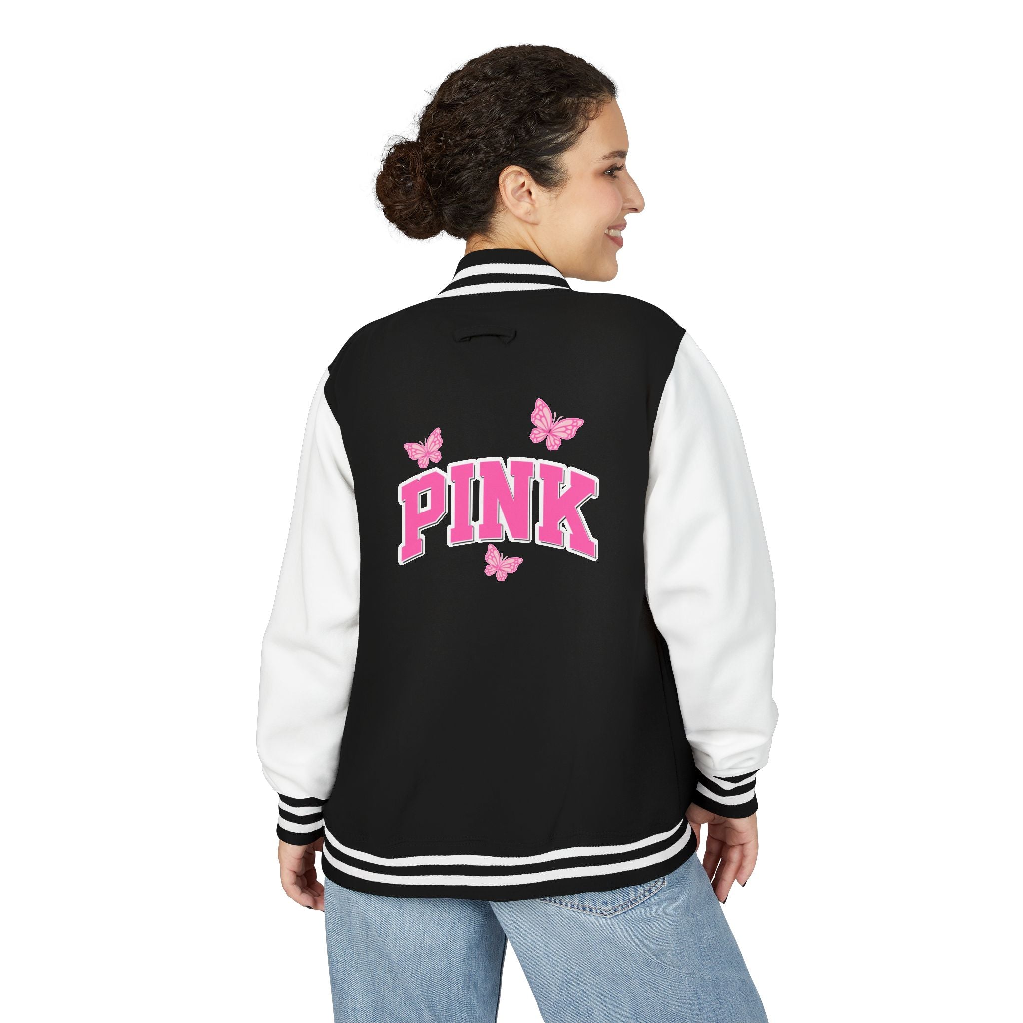 Pink Butterfly Letterman Jacket — Varsity Style Jacket with 'PINK' Back Design