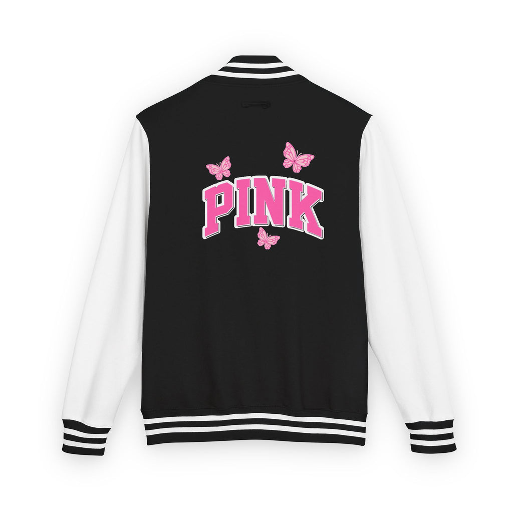 Pink Butterfly Letterman Jacket — Varsity Style Jacket with 'PINK' Back Design