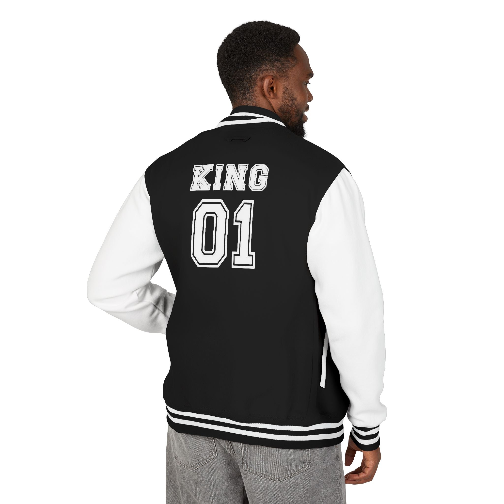 Letterman Jacket — 'KING 01' Varsity Style Black & White Bomber