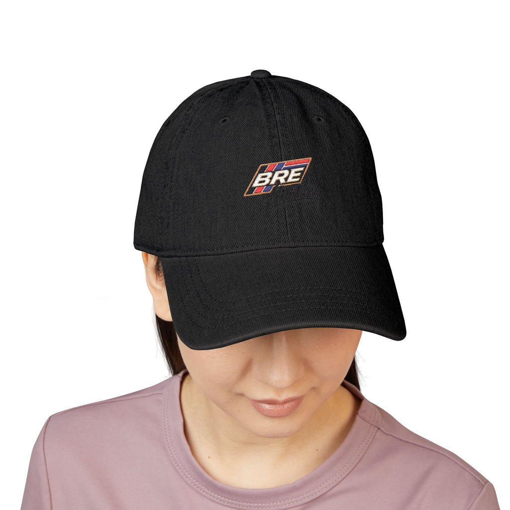 Embroidered 'BIRE' Patch Denim Hat – Retro Flag Logo Baseball Cap